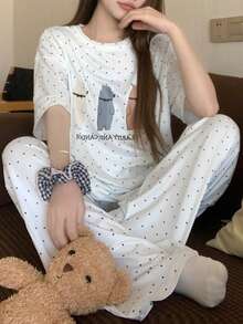 DAZY 两件套女士小熊印花波点宽松短袖睡衣套装 - 白色 - 查看 4