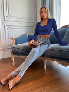 Firerie Women's Solid Color Minimalist Square Neck Long Sleeve T-Shirt, Everyday Wear - Navy Blue - View 4