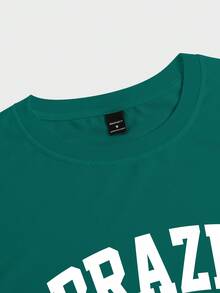 Manfinity Homme 男士休闲字母印花短袖T恤，夏季 - 綠色 - 查看 4