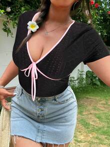 GalTyme Áo thun nữ dáng rộng, cổ chữ V khoét sâu, thắt nút phía trước, màu đen, gợi cảm, mùa hè - màu đen - Xem 6