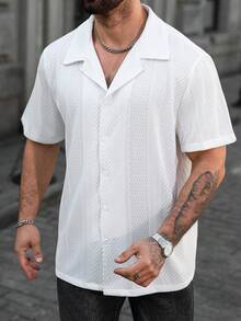 EGENSIO 男士加大码前扣纯色纹理短袖衬衫 - 白色 - 查看 4