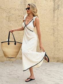 SHEIN Frenchy Đầm midi nữ kẻ sọc phối viền tương phản, kiểu dáng thường ngày, đa năng. - Màu be - Xem 6
