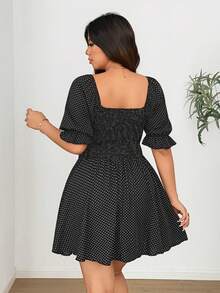 Vionelle Plus Size Women's Polka Dot Print Sweetheart Neck Puff Sleeve Button Design Fashionable Dress - Black - View 6
