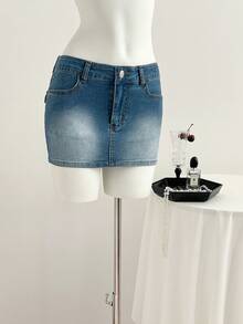 Elamini 女士蝴蝶刺绣水洗牛仔紧身迷你裙 - 中等水洗藍 - 查看 2