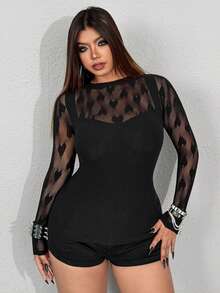 Whyspr Plus Size Women's Sexy V-Neck Hollow Heart Mesh Long Sleeve Fitted Top, Suitable For Spring, Summer, Autumn