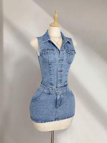 Elamini Women's Summer Fashion Washed Button Half-Placket Bodycon Denim Dress - Light Wash - View 5