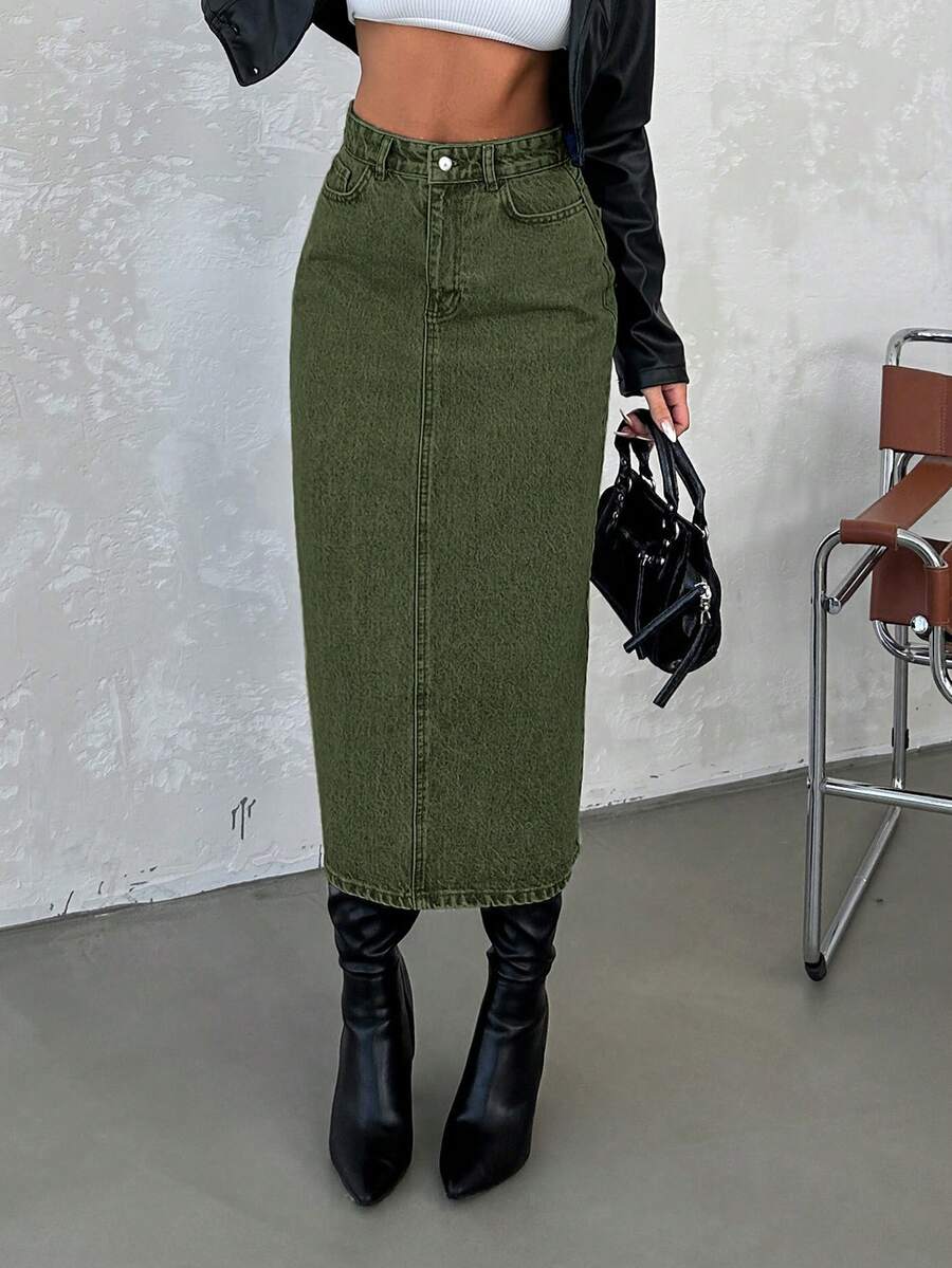 SHEIN Cottnline Women's Vintage Denim Skirt - Dark Green - View 1
