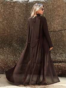 Swim Vcay 女士纯色长袖宽松和服罩衫，度假装 - 鏽棕色 - 查看 2