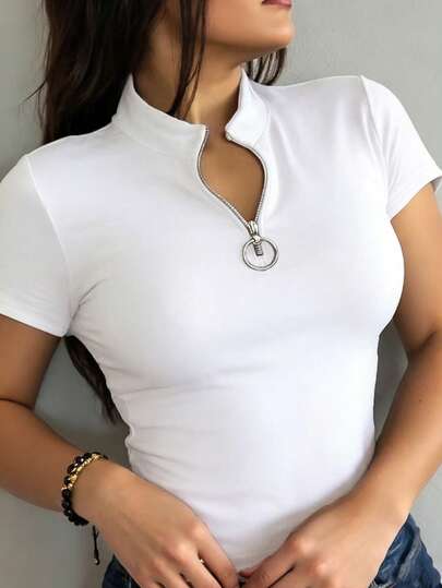 INAWLY Solva Women's Casual Solid Color Stand Collar T-Shirt, Summer