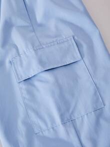 SHEIN ChillGRL 少女休闲字母条纹V领宽松T恤和数字图案T恤搭配时尚直筒工装裤两件套，春夏秋三季皆宜。 - 淺藍色 - 查看 7