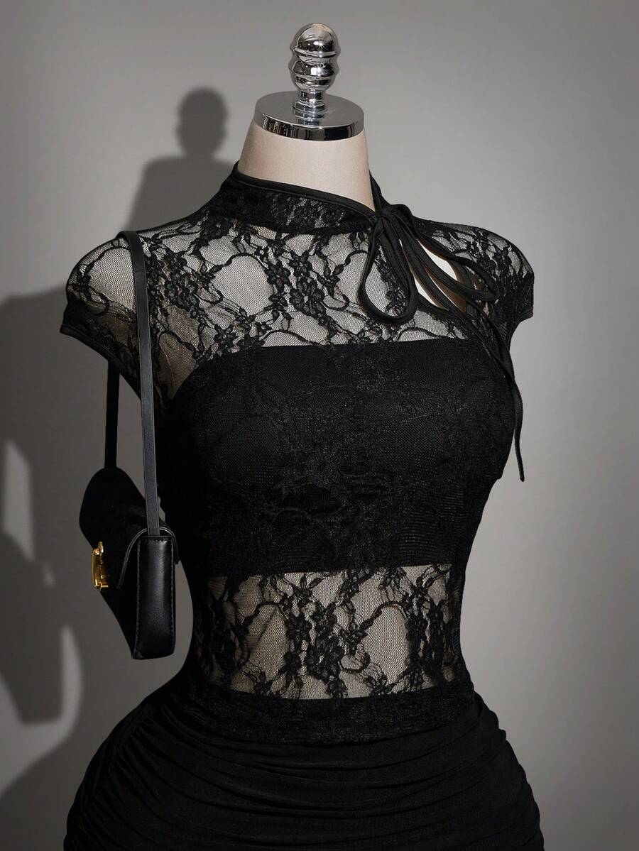 SHEIN ICON 女士蕾丝领系带短袖衬衫
