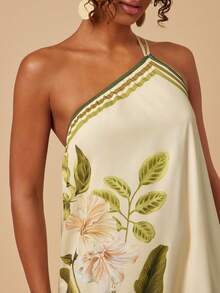 Travachic Women's Tropical Print Asymmetrical Shoulder Vacation Dress - Yellow - View 7