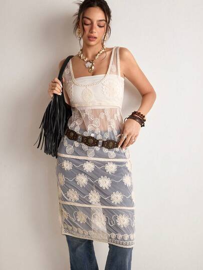 Freevana Dam Sommar Strandsemester Blommig Broderi Mesh Överdimensionerad Rund Halsringning Linne