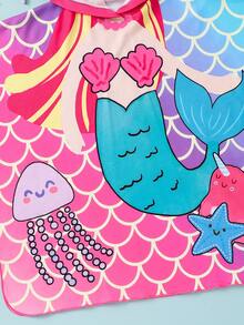 SHEIN Young Girl Knitted Terry Hooded One-Piece Cute Mermaid Pattern Jumpsuit, Suitable For Vacation Baby Beach Towel