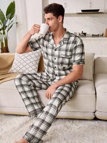 CoupledUp Plaid Print Men's Short Sleeve Pajama Set With Collar - Multicolor - View 7