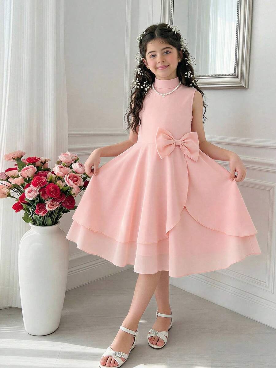 SHEIN 1pc Girls' Bowknot Side Design Halter Neck Fashionable Dress, Summer - Pink - View 1