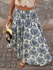 Brillora Chân váy kiểu Bohemian dáng bất đối xứng, thắt eo dây rút, in họa tiết, thích hợp cho nữ, phong cách thường ngày đi nghỉ mát, mùa xuân/hè. - Nhiều màu - Xem 6
