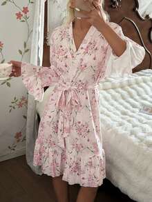 SHEIN Floral Print Ruffle Trim Tie Waist 3/4 Sleeve Women Sleepwear Robe
