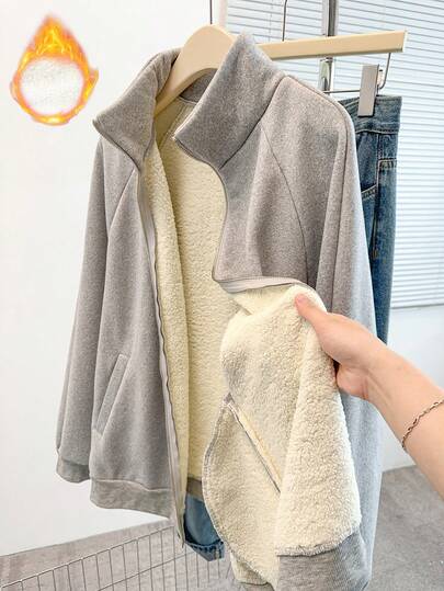 GlowEve CURVE Plus Size Women's Grey Casual Thermal Lined Zip-Up Sweatshirt, Winter Winter Jacket Fur Thermal Lined Jacket Fleece Warm Clothes Women Grey Jacket Cardigan For Women