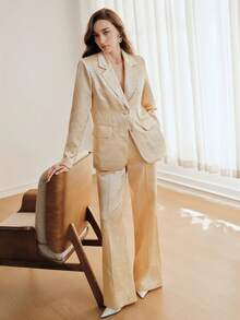 Anewsta 女士春夏香槟色优雅长袖单排扣西装外套，常规西装版型，采用质感光泽面料，简约而不失精致，适合工作通勤、休闲、商务活动、婚礼等场合。 - 金色 - 查看 6