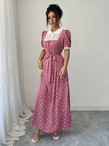 Modelyn Đầm hoa thanh lịch dành cho nữ, màu đen dệt họa tiết nơ, phối ren tương phản, tay ngắn, dáng chữ A, xếp ly, có thắt lưng. - Hồng - Xem 3