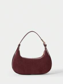 SHECARRY Corduroy Handbag, Fashionable Shoulder Bag, Casual Crescent Crossbody Bag, Autumn/Winter New Arrival - Wine red - View 4