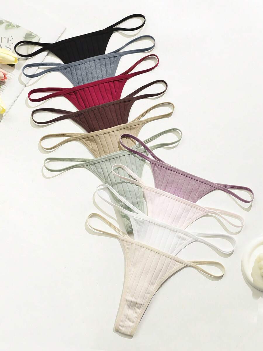 10pcs/Pack Women's Solid Color Ribbed Sexy Everyday Thong Panties - Multicolor - View 1