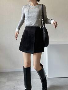 FRIFUL Women's Grey Shorts Skirt, Commuter Style, Spring/Summer - Black - View 2