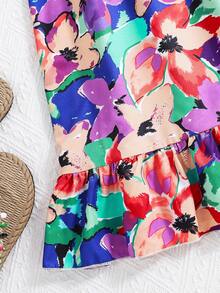 女童彩色碎花无袖荷叶边下摆休闲度假连衣裙 - 彩色 - 查看 5