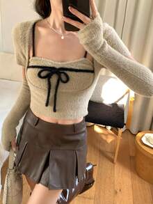 FRIFUL Women's Apricot Solid Color Inner Pocket Sleeveless Jacket, Long Sleeve Contrast Color Drawstring Bow Knit Sweater 2-Piece Set, Autumn - Beige - View 6
