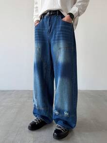 Manfinity Hypemode Premium Washed Blue Patchwork Distressed Wide Leg Jeans Men Wide Leg Jean - Blue - View 6