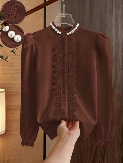 Franclia Blusa de cuello redondo de manga larga con decoración de perlas, elegante y versátil para el trabajo, otoño/invierno