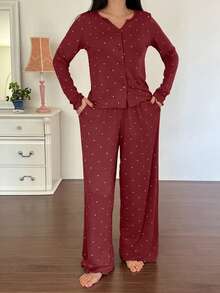DAZY 2pcs Women Polka Dot Print Long Sleeve Cardigan And Pants Pajama Set, Autumn - Burgundy - View 3