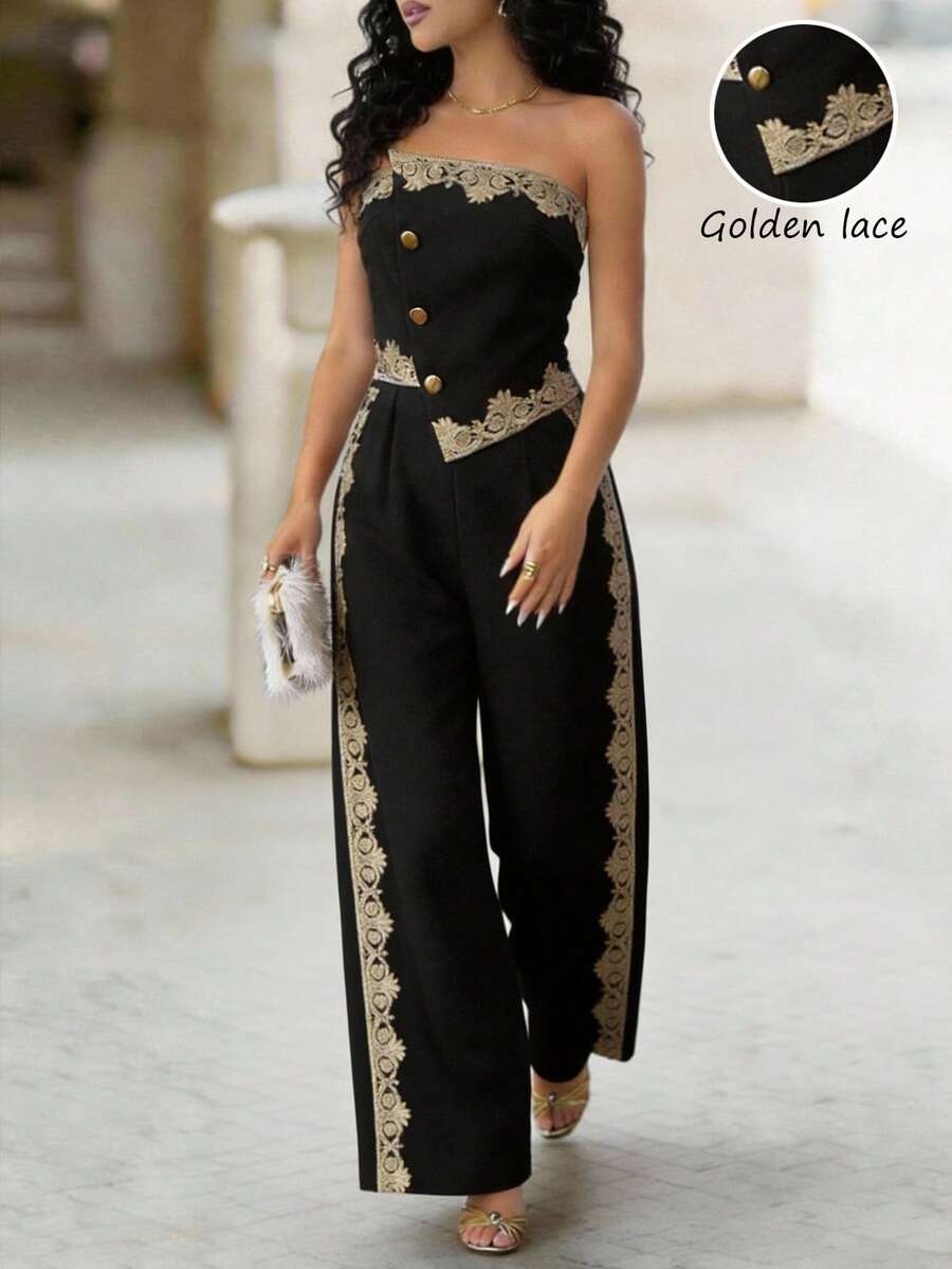 Franclia Women's Black Summer Elegant Laced Formal Jumpsuit,Patchwork Gold Lace Trim 2 In 1,Gold Button Decor Asymmetric Front,Luxury Party Evening - Black - View 1