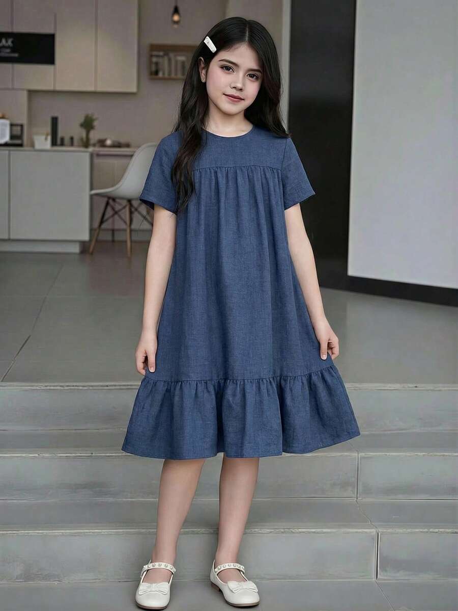 Elladie kids 1件女童宽松蓝色纹理面料圆领短袖休闲连衣裙，舒适透气，适合夏季度假和居家穿着。 - 藍色 - 查看 1