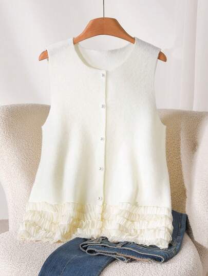 CosyJoli Plus Size Women Solid Color Round Neck Single-Breasted Casual Vest Cardigan