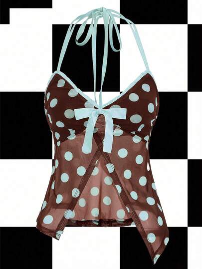 Y2Kool Annarte Black, Pink, Contrast Color, Mesh, Sheer, Bowknot, Y2K, Girly, Casual, Women's Halter Neck Top, Suitable For Summer, Vacation, Gathering, Party, Daily Wear Sexy Top Matching Idea Stylish Clothing Collection New Year Outfits