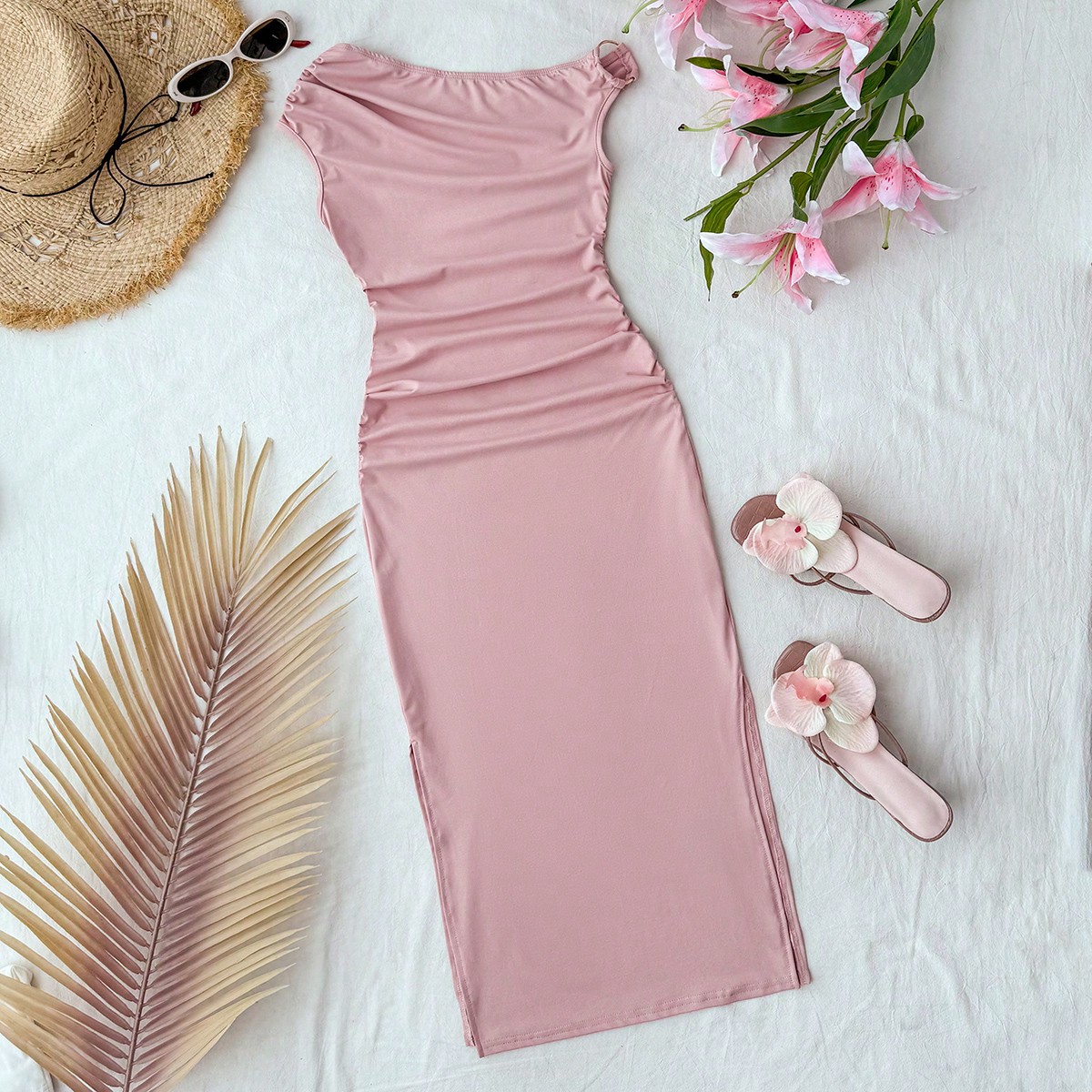 Vestido sólido de color rosa elegante y casual para niña preadolescente