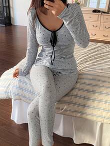 DAZY 女士波点撞色滚边系带领修身睡衣套装（2件套），秋冬季 - 灰色 - 查看 6