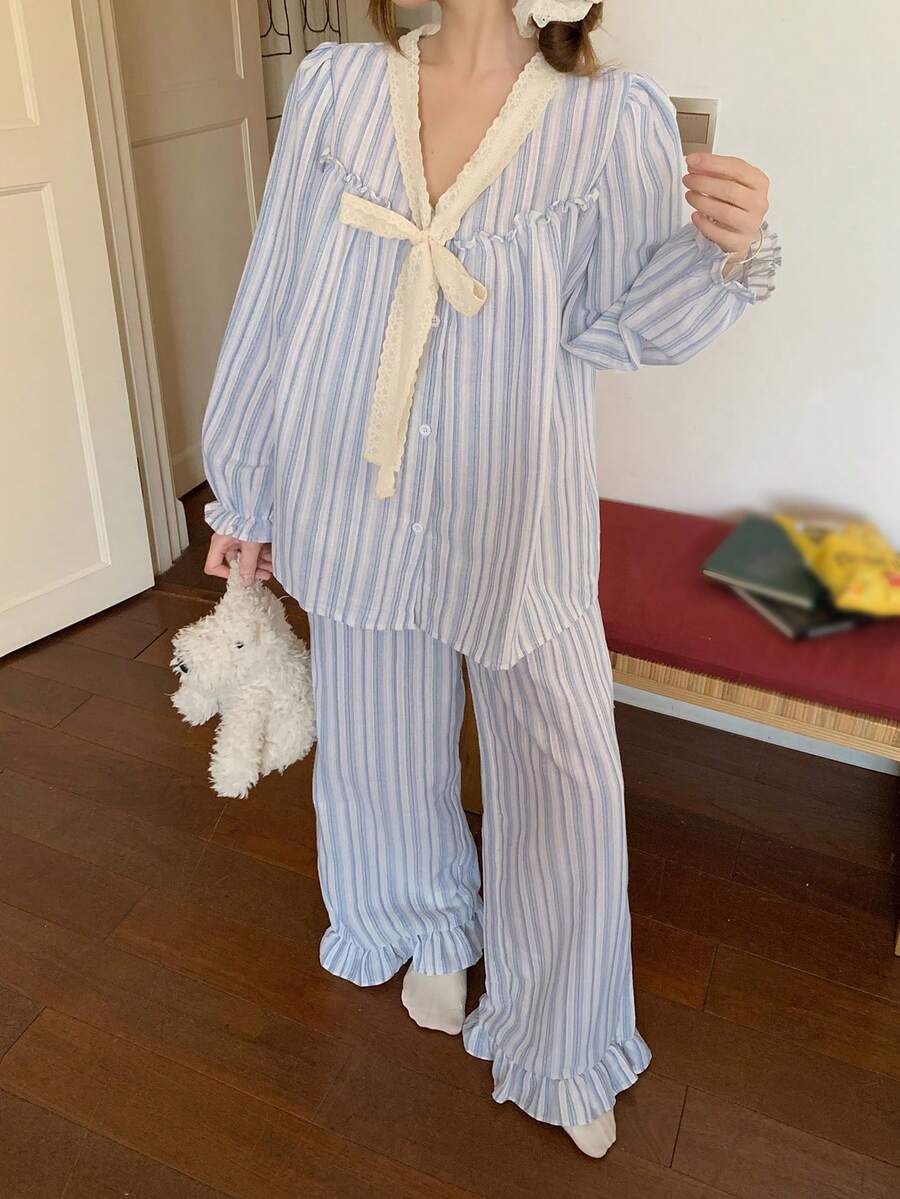 DAZY 条纹荷叶边系领荷叶边下摆女士睡衣套装 - 藍色 - 查看 1