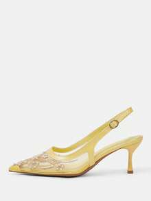 CUCCOO HITCHD 女士时尚优雅派对串珠刺绣网纱尖头高跟鞋 - 黃色 - 查看 9