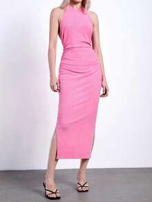 Maija Đầm mini màu hồng không tay, xếp ly, xẻ tà bên hông, khoét lưng, thời trang, đa năng dành cho nữ, thích hợp cho dịp năm mới, ngày lễ tình nhân và các lễ hội. - Hồng - Xem 2