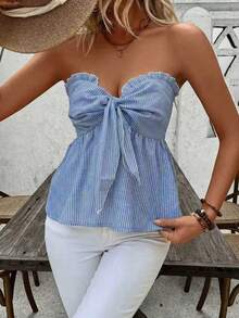 Breezaya 條紋印花露肩上衣，上襯荷葉邊，女性夏季風格