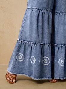 Travachic Quần jeans ống rộng dáng suông nhiều lớp xếp ly, cạp chun, gấu quần xếp ly, dành cho nữ cỡ lớn. - Rửa nhẹ - Xem 6