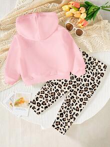 Conjunto de 2 peças para bebês meninas com estampa casual chique de leopardo, composto por moletom com capuz rosa com laço e calça legging com estampa de leopardo. Ideal para outono/inverno. - Multicolorido - Ver 2