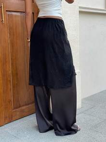 Siren Gaze 女士纯色缎面优雅直筒裤，双层蕾丝边饰 - 黑色 - 查看 2