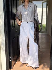 DAZY 女士纯色修身长袖休闲复古优雅夏季衬衫 - 灰色 - 查看 6