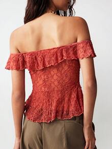 Bohemela Áo kiểu nữ thanh lịch màu trơn dệt kim ren cổ vuông xếp nếp vạt bất đối xứng - trái cam - Xem 4