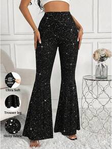 Xyvia Women's Black Solid Silver Polka Dot Fabric Waist Flared Leg Flare Pants, Elegant And Sophisticated, Suitable For Birthday Gifts, Dates, Parties, Slim Fit, Sexy, Street Style, Valentine's Day, May Day, Easter, Travel, Spring/Summer Flare Pants - Black - View 6