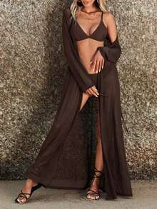 Swim Vcay 女士纯色长袖宽松和服罩衫，度假装 - 鏽棕色 - 查看 4